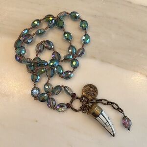 Cynthia Dugan Crystal Beaded Necklace with Horn and Brass Medallion Pendants